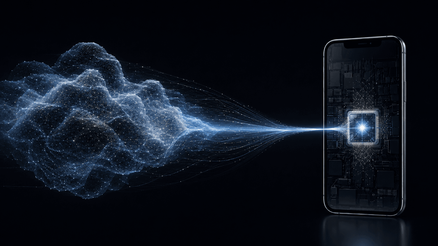 A cloud of networked data streaming into a glowing chip inside a phone.