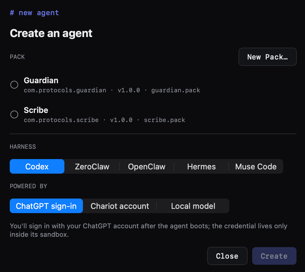 The Create-an-agent sheet: choose a pack (Guardian or Scribe), a runtime (Codex, ZeroClaw, OpenClaw, Hermes, or Muse Code), and how to power it (ChatGPT sign-in, Chariot account, or a local model).