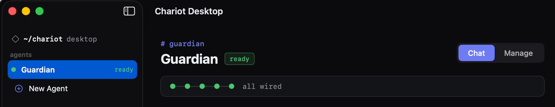 Chariot Desktop with the Guardian agent listed as ready and a status strip reading “all wired”.